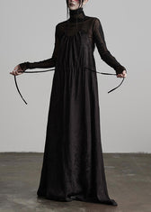 Unique Black Embroidered Lace Up Silk Spaghetti Strap Dress Fall 2