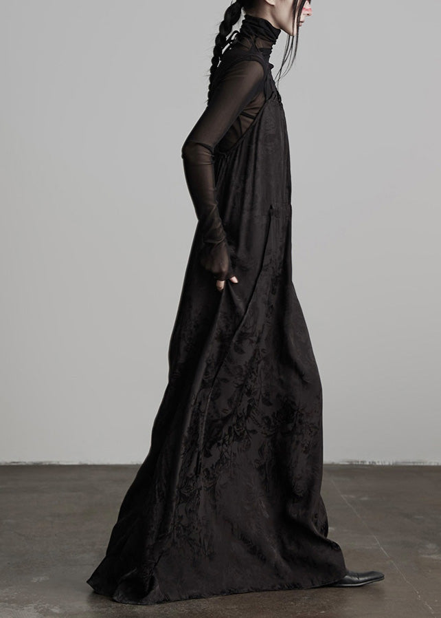 Unique Black Embroidered Lace Up Silk Spaghetti Strap Dress Fall 3