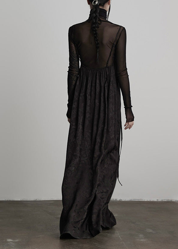Unique Black Embroidered Lace Up Silk Spaghetti Strap Dress Fall 5