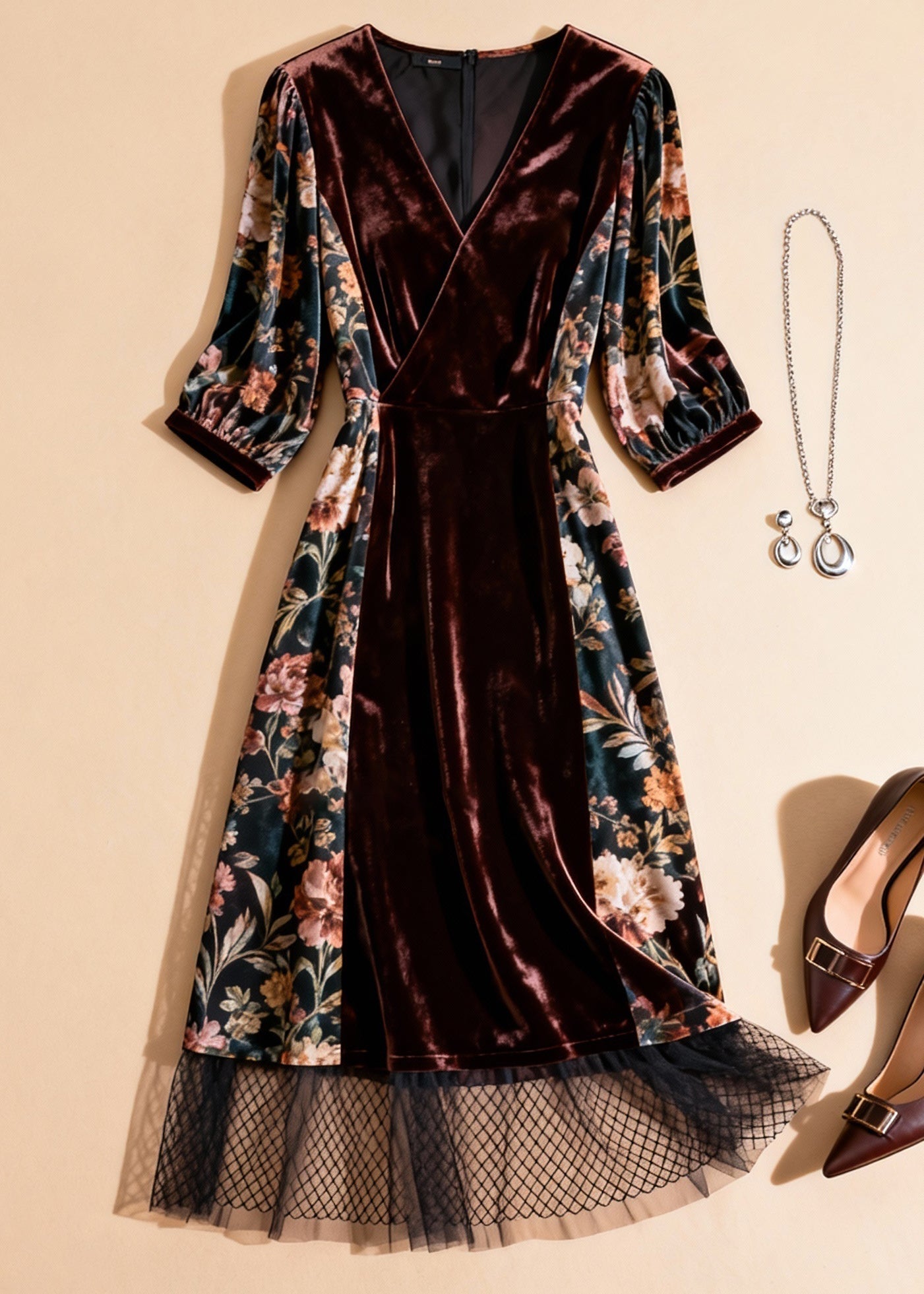 Velvet Panel Floral Print Wrap V-Neck Mesh Ruffle Hem Three Quarter Sleeve Midi Dress