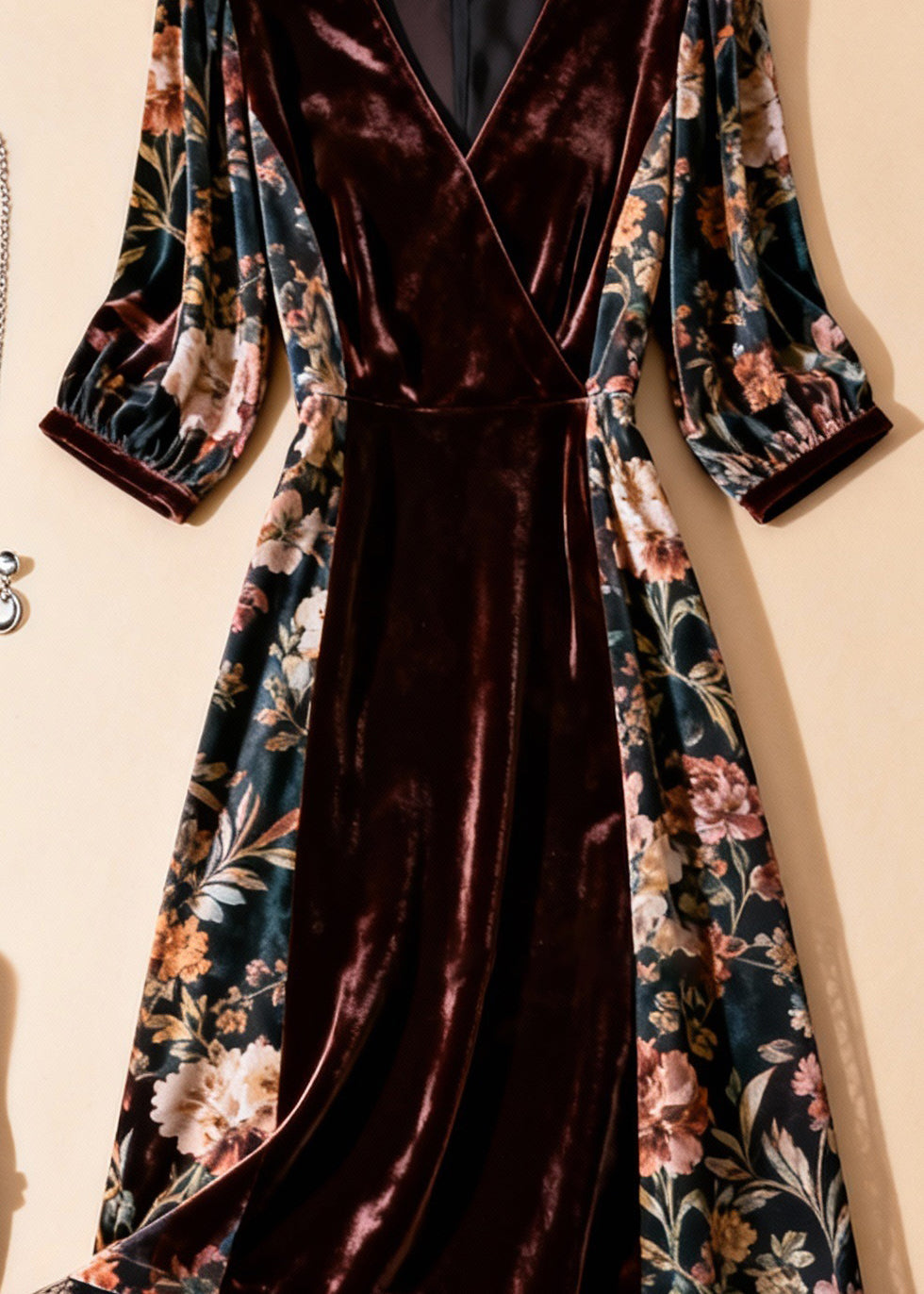 Velvet Panel Floral Print Wrap V-Neck Mesh Ruffle Hem Three Quarter Sleeve Midi Dress