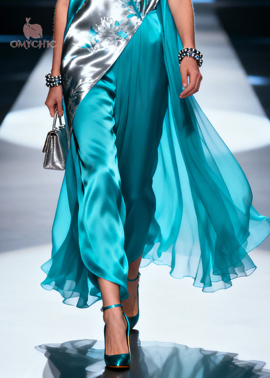 Satin Floral Embroidered Wrap V-Neck Tunic and Wide Leg Pants Two Piece Set