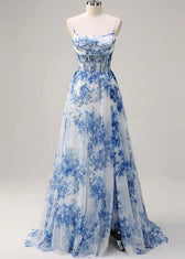 Unique Blue Print Side Open Chiffon Spaghetti Strap Dress Summer 5