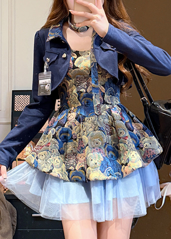 Teddy Bear Jacquard Tulle Ruffle Dress Cropped Jacket Two Piece Set