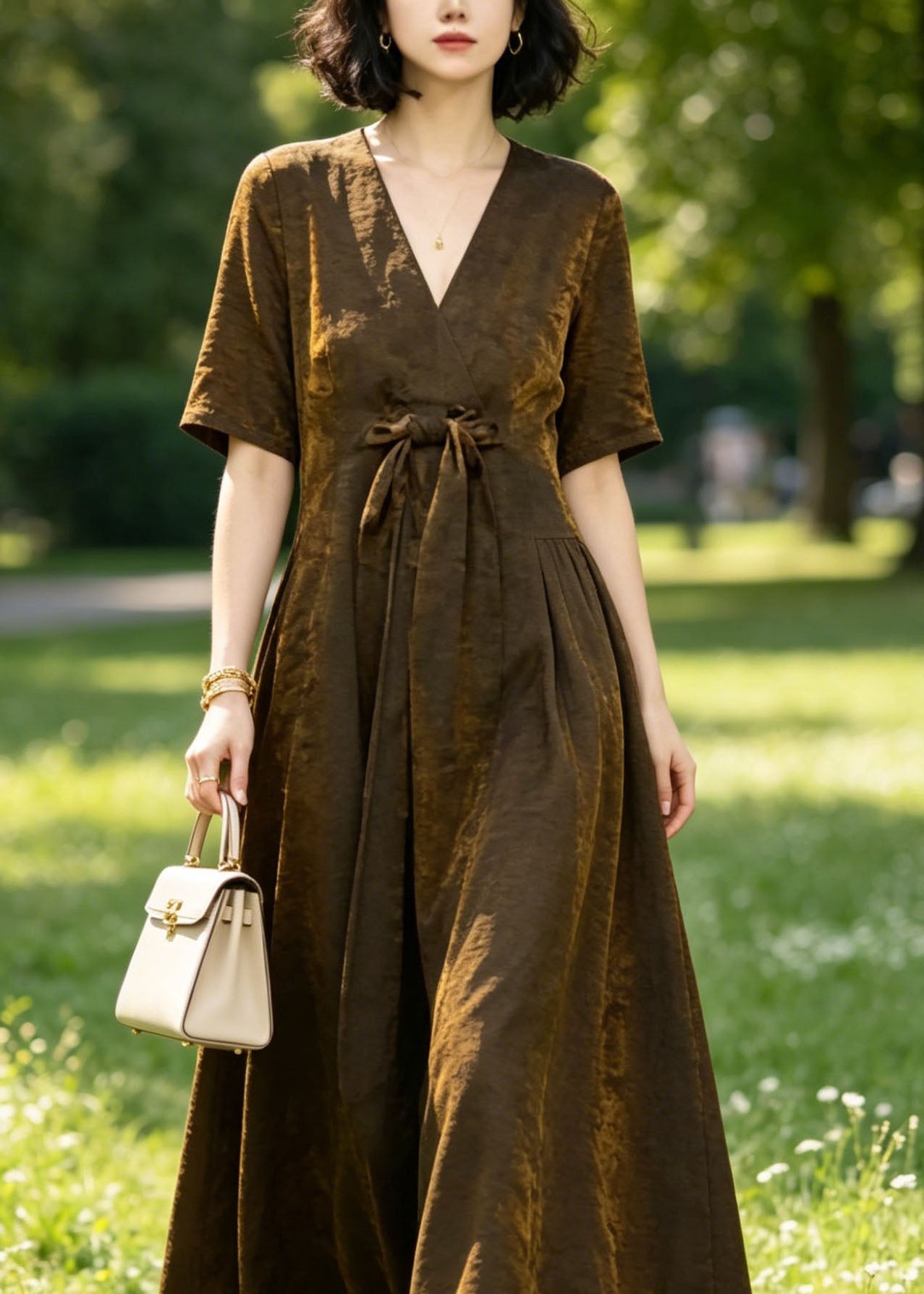 Satin Crinkle Texture Deep V-Neck Tie Bow Short Sleeve A-Line Maxi Dress