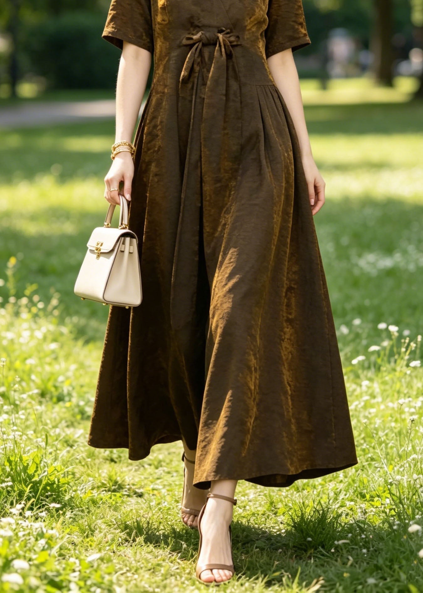 Satin Crinkle Texture Deep V-Neck Tie Bow Short Sleeve A-Line Maxi Dress