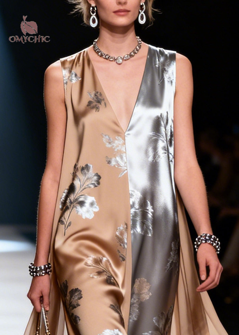 Satin Floral Print Deep V-Neck Sleeveless Chiffon Cape Back Maxi Gown