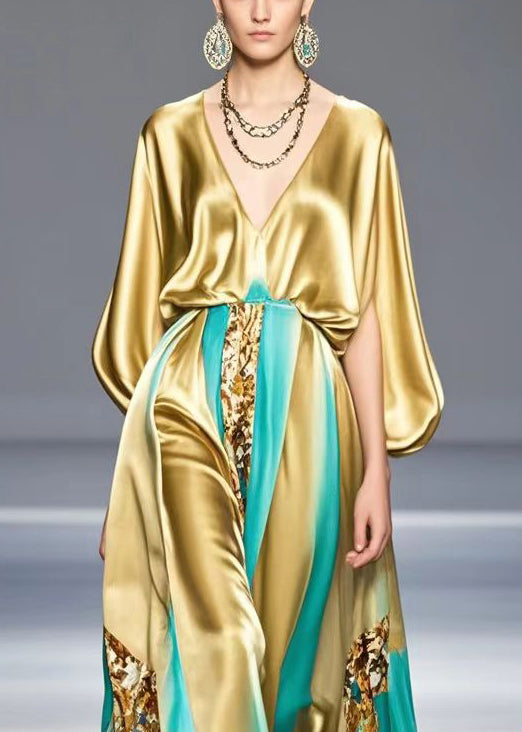 Metallic Satin Deep V-Neck Bishop Cape Sleeve Floral Panel Maxi Gown