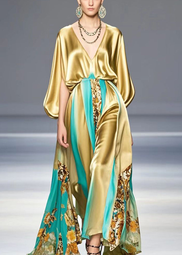 Metallic Satin Deep V-Neck Bishop Cape Sleeve Floral Panel Maxi Gown