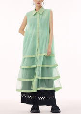 Unique Green Peter Pan Collar Tulle Patchwork Cotton Maxi Dresses Summer 2
