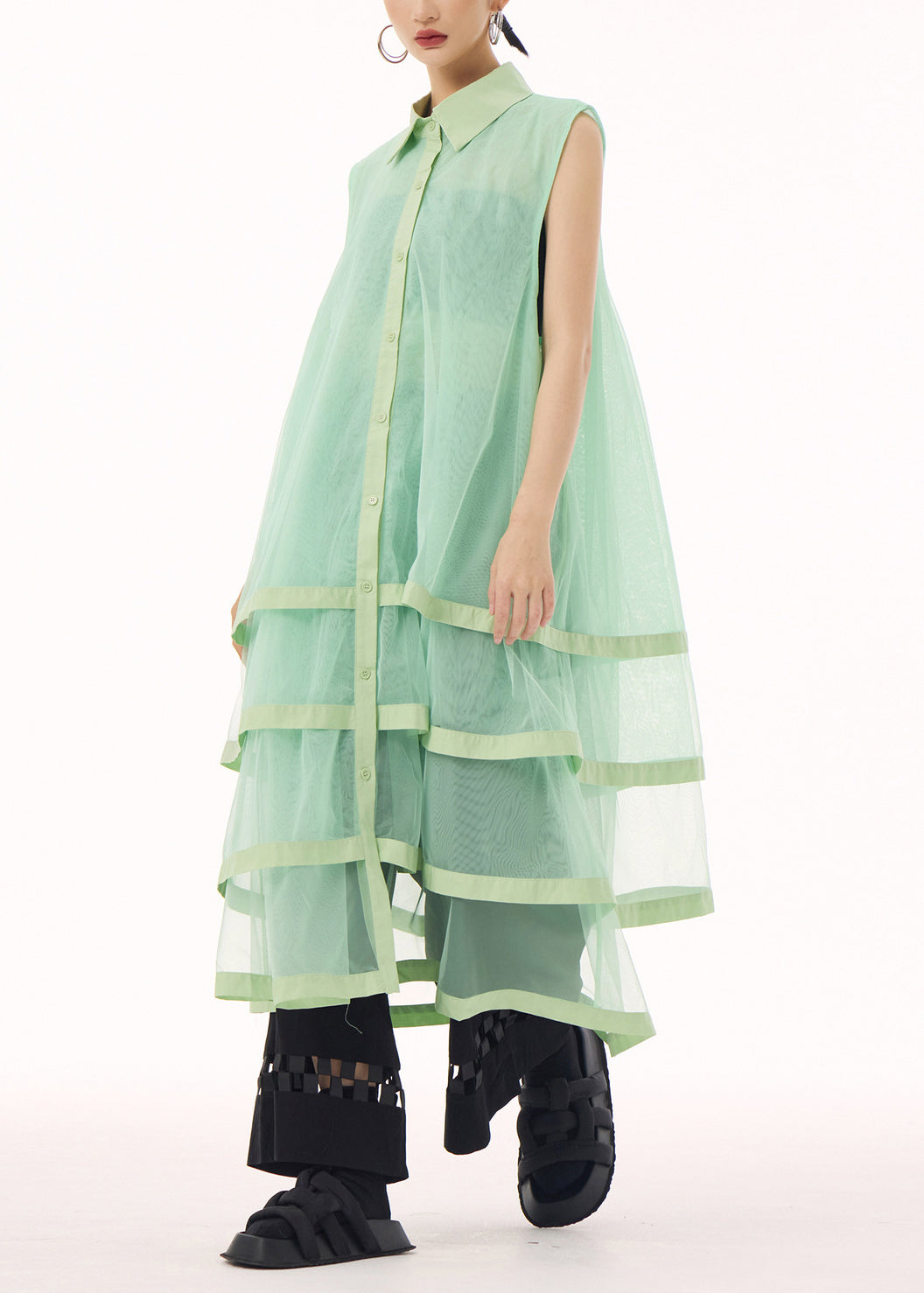 Unique Green Peter Pan Collar Tulle Patchwork Cotton Maxi Dresses Summer 3