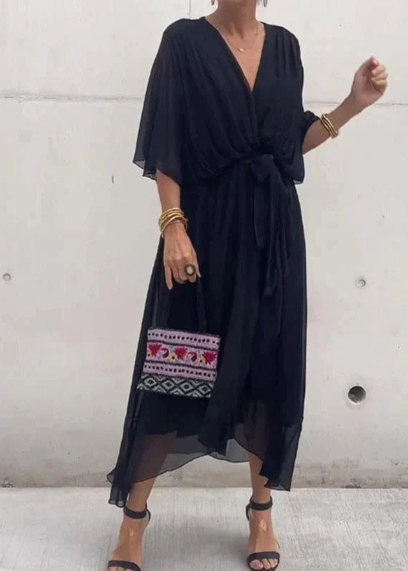 Chiffon Batwing Sleeve Deep V-Neck Wrap Tie Waist Tiered Hem Midi Dress