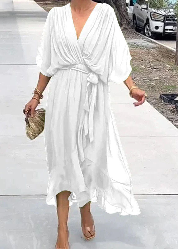 Chiffon Batwing Sleeve Deep V-Neck Wrap Tie Waist Tiered Hem Midi Dress