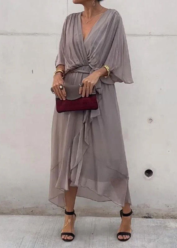 Chiffon Batwing Sleeve Deep V-Neck Wrap Tie Waist Tiered Hem Midi Dress