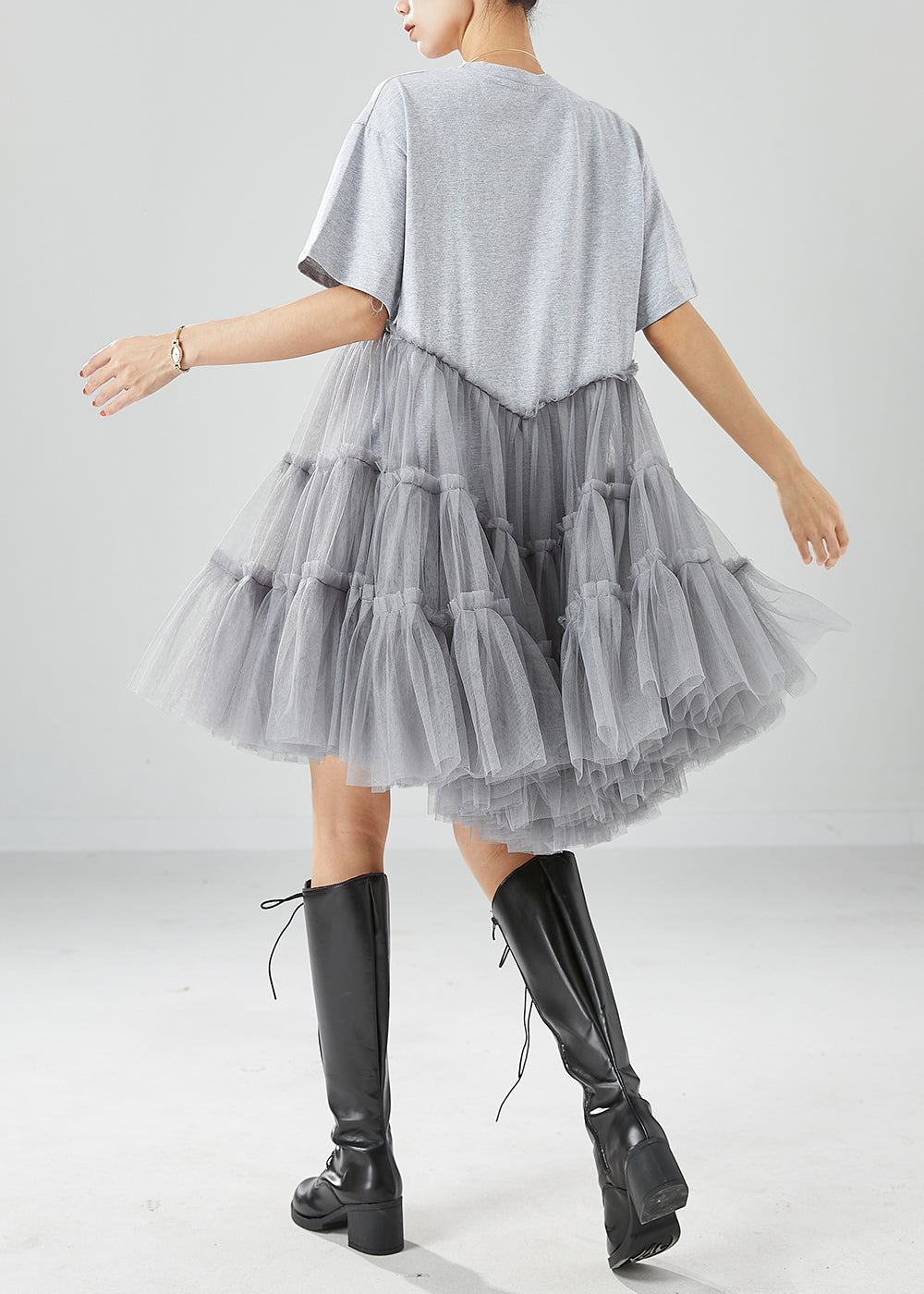 Short Sleeve Crew Neck Beaded Graphic Patch Tiered Tulle Mini Dress