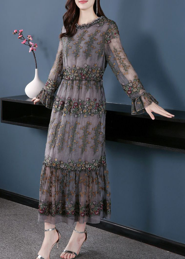Floral Embroidered Tulle Long Sleeve Ruffle Cuff Tiered Midi Dress