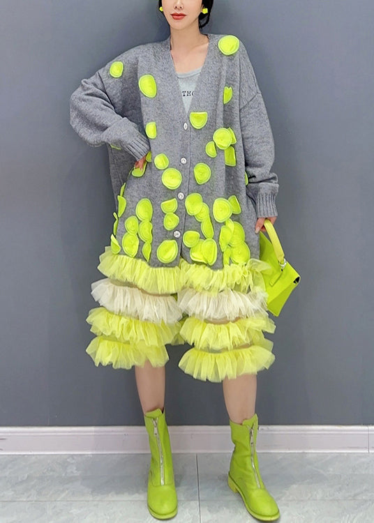 Knit Button Front V-Neck 3D Applique Tiered Tulle Ruffle Hem Midi Dress