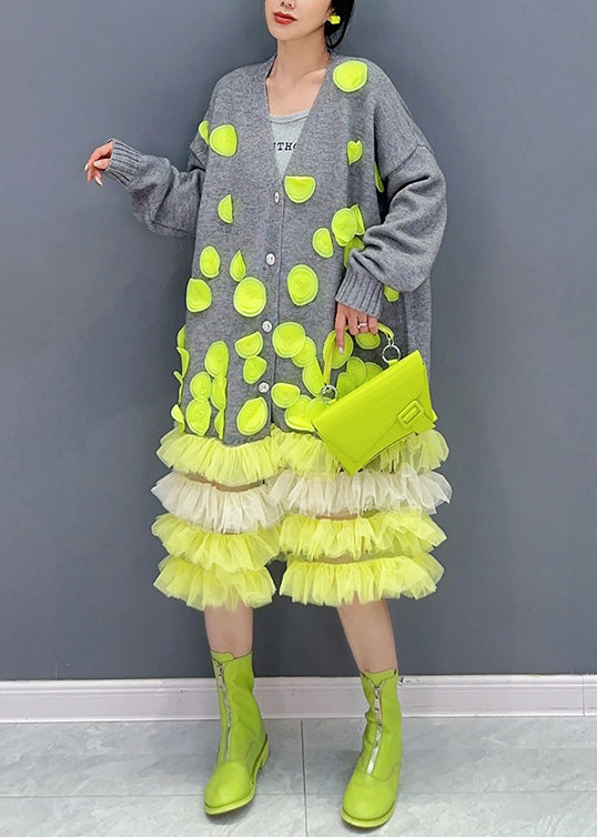 Knit Button Front V-Neck 3D Applique Tiered Tulle Ruffle Hem Midi Dress