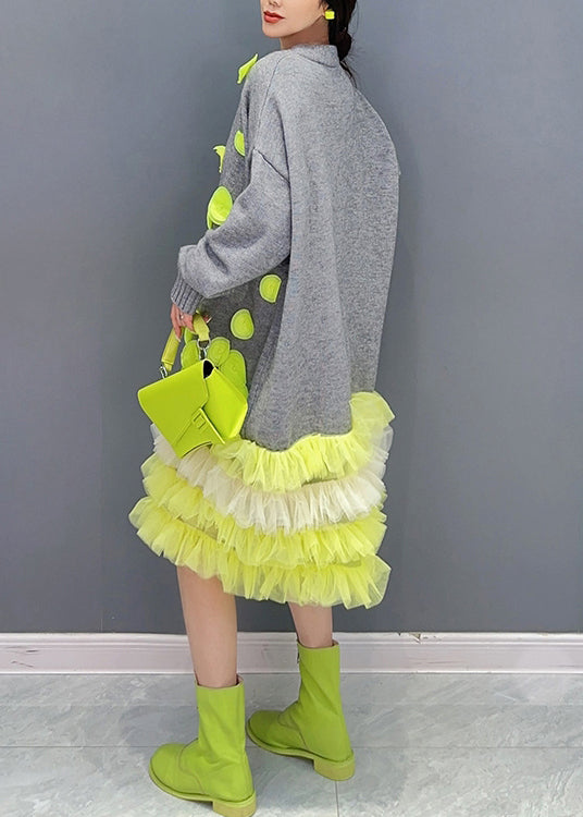 Knit Button Front V-Neck 3D Applique Tiered Tulle Ruffle Hem Midi Dress