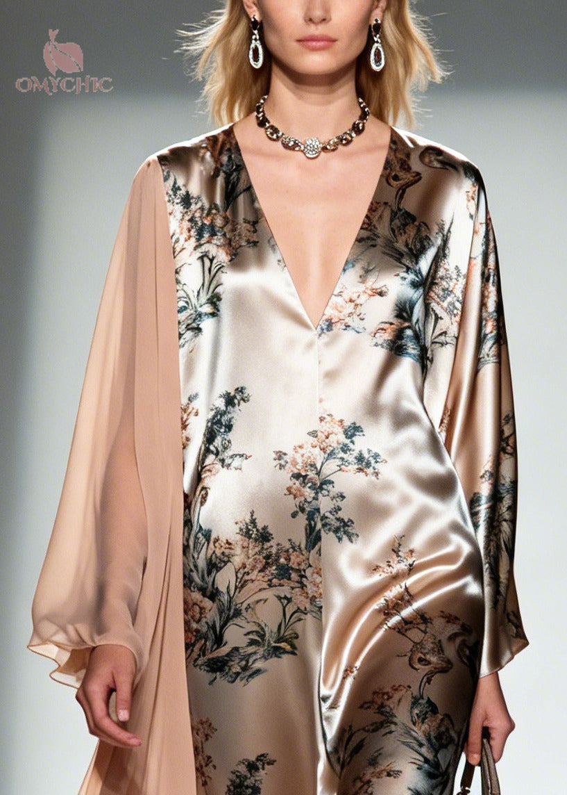 Floral Print Deep V-Neck Long Sleeve Sheer Duster Cape Wide Leg Jumpsuit
