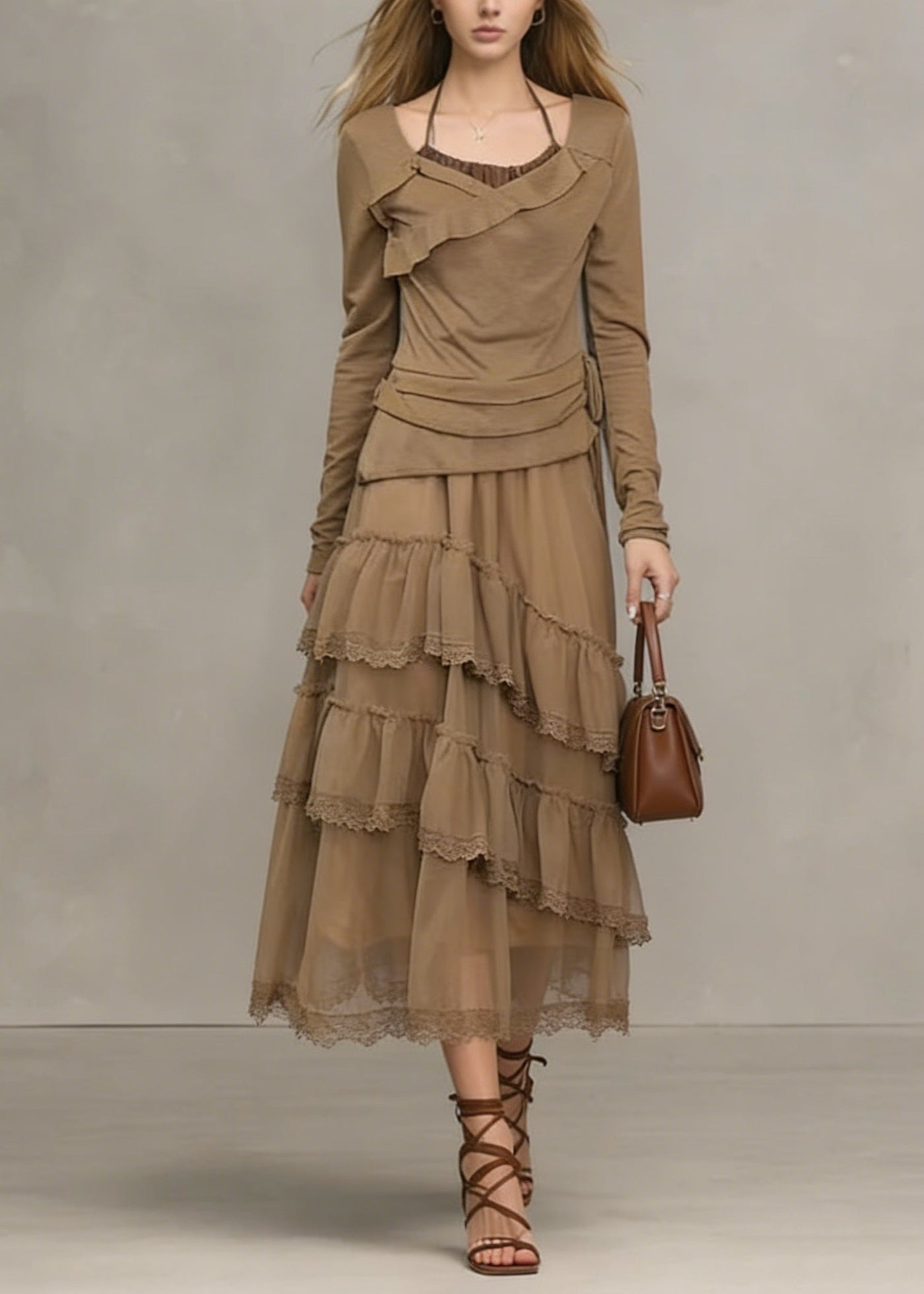 Unique Khaki Ruffled Lace Patchwork Tulle Dresses Spring