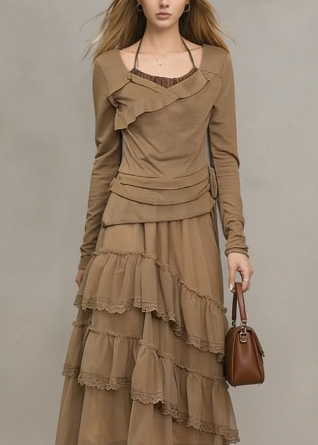 Unique Khaki Ruffled Lace Patchwork Tulle Dresses Spring 2
