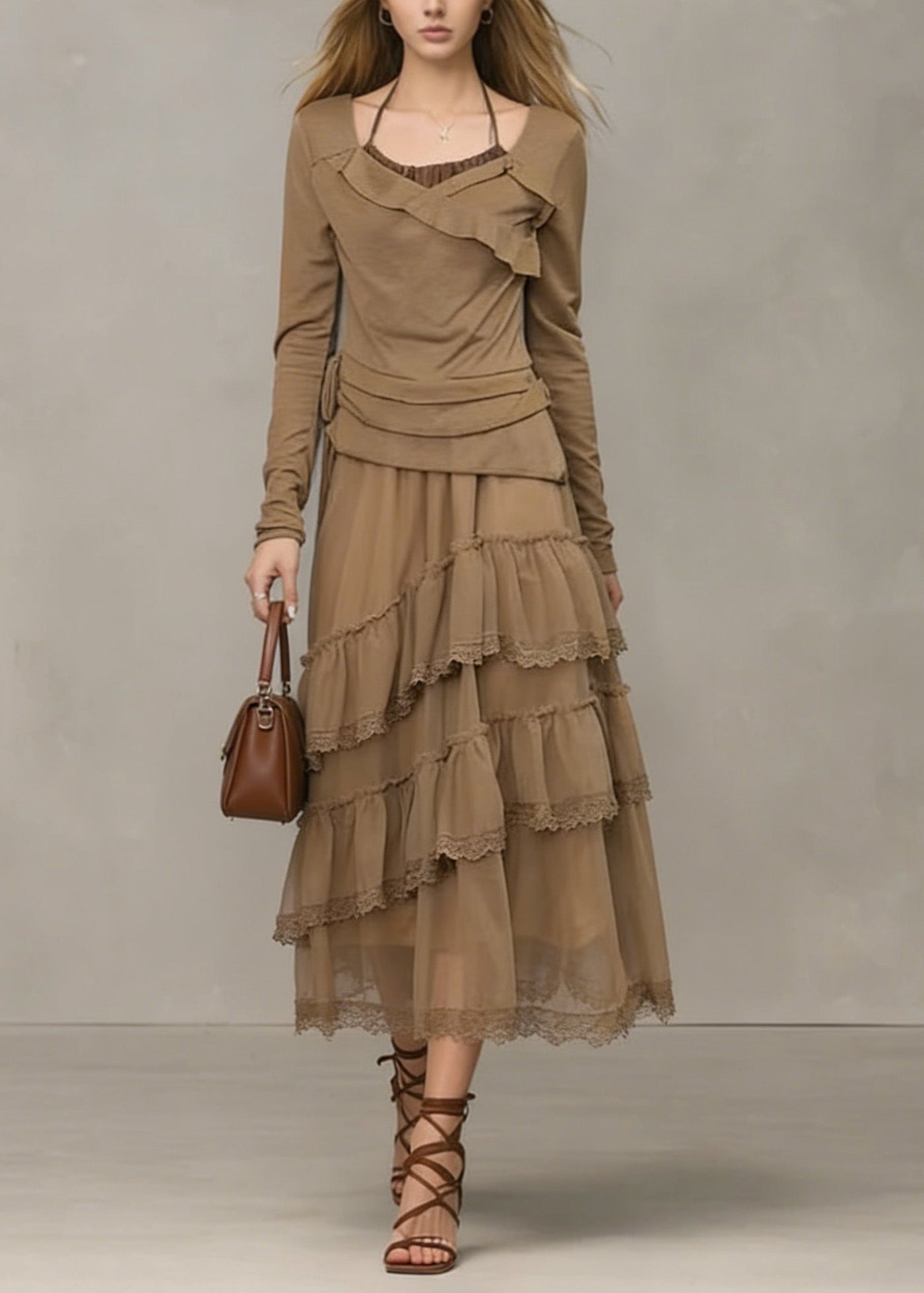 Unique Khaki Ruffled Lace Patchwork Tulle Dresses Spring 3