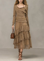 Unique Khaki Ruffled Lace Patchwork Tulle Dresses Spring 3