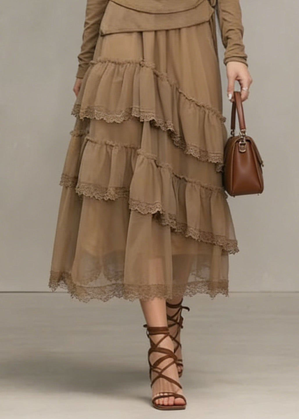 Unique Khaki Ruffled Lace Patchwork Tulle Dresses Spring 4