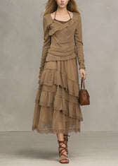 Unique Khaki Ruffled Lace Patchwork Tulle Dresses Spring 5