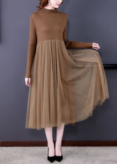 Unique Khaki Stand Collar Tulle Patchwork Knit Long Dress Long Sleeve 2