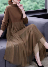 Unique Khaki Stand Collar Tulle Patchwork Knit Long Dress Long Sleeve 3