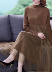 Unique Khaki Stand Collar Tulle Patchwork Knit Long Dress Long Sleeve 4