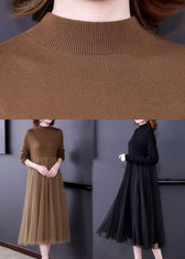 Unique Khaki Stand Collar Tulle Patchwork Knit Long Dress Long Sleeve 5