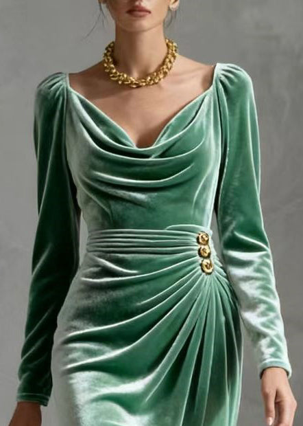 Velvet Cowl Neck Long Sleeve Ruched Wrap High Split Midi Dress