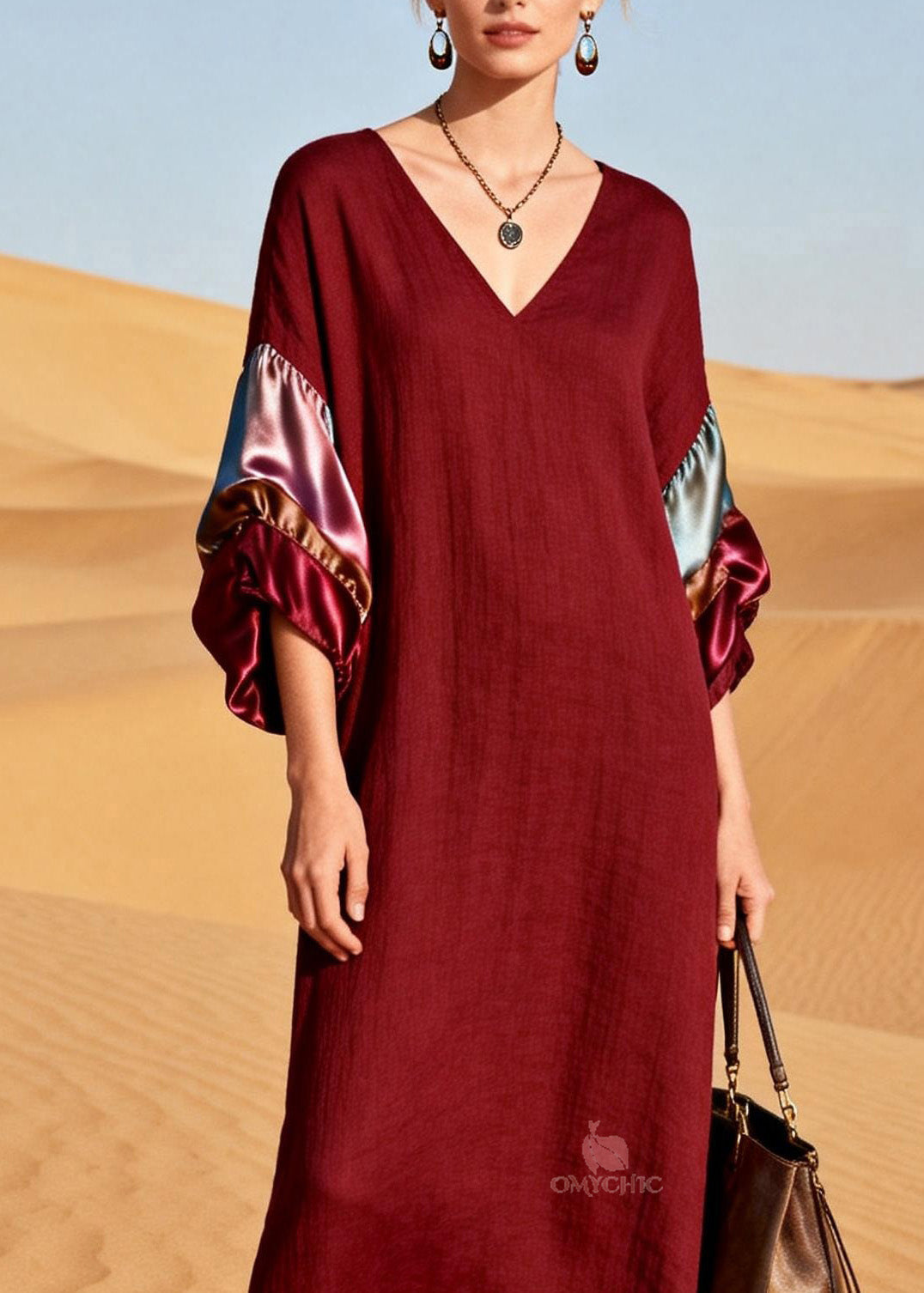 V-Neck Long Balloon Sleeve Horizontal Satin Panel Crinkle Maxi Dress