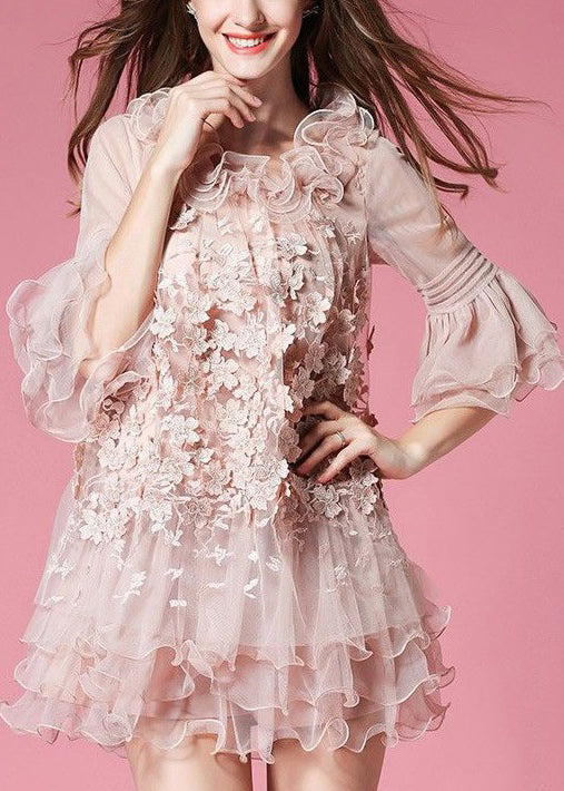 Unique Navy Ruffled Patchwork Tulle Mid Dress Half Sleeve 2