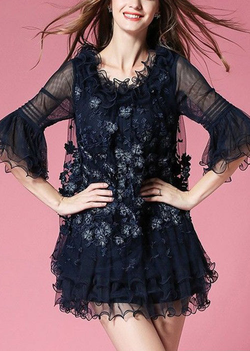 Unique Navy Ruffled Patchwork Tulle Mid Dress Half Sleeve 3
