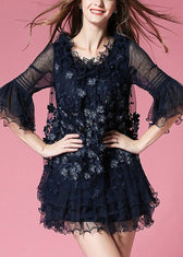 Unique Navy Ruffled Patchwork Tulle Mid Dress Half Sleeve 3