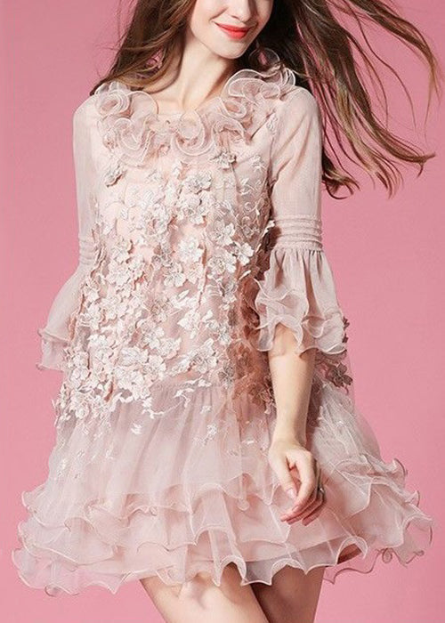 Unique Navy Ruffled Patchwork Tulle Mid Dress Half Sleeve 4