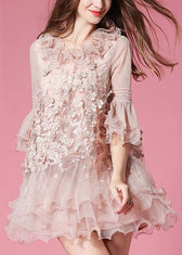 Unique Navy Ruffled Patchwork Tulle Mid Dress Half Sleeve 4