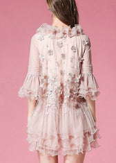 Unique Navy Ruffled Patchwork Tulle Mid Dress Half Sleeve 5