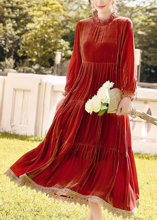 Velvet Ruffle Collar Long Sleeve Ruffle Cuff Tiered Lace Trim Hem Maxi Dress