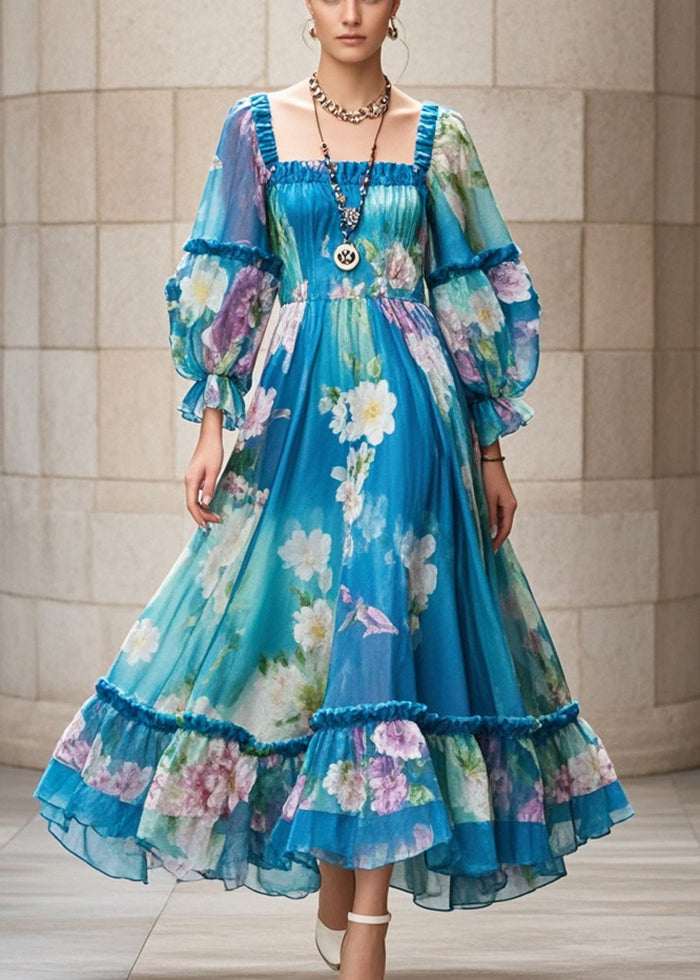 Square Neck Puff Sleeve Floral Print Ruffle Hem Chiffon Maxi Dress