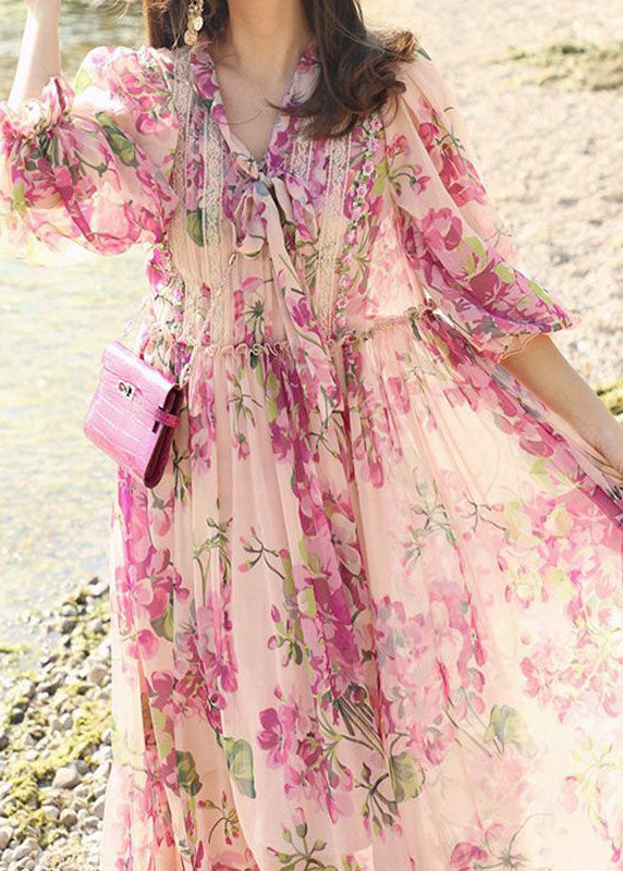 Floral Print Lace Trim Tie Neck Lantern Sleeve Chiffon Maxi Dress