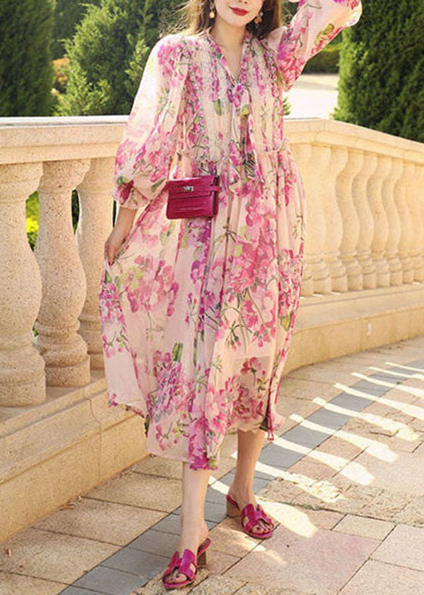 Floral Print Lace Trim Tie Neck Lantern Sleeve Chiffon Maxi Dress