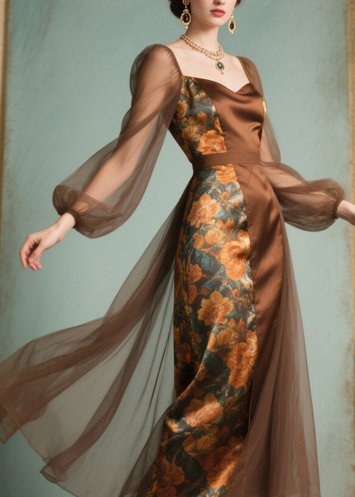 Floral Print Sweetheart Neck Satin Panel Mesh Bishop Sleeve Tulle Overlay Midi Dress