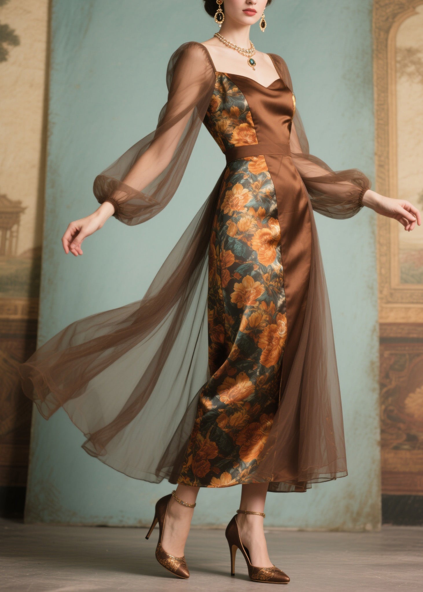 Floral Print Sweetheart Neck Satin Panel Mesh Bishop Sleeve Tulle Overlay Midi Dress