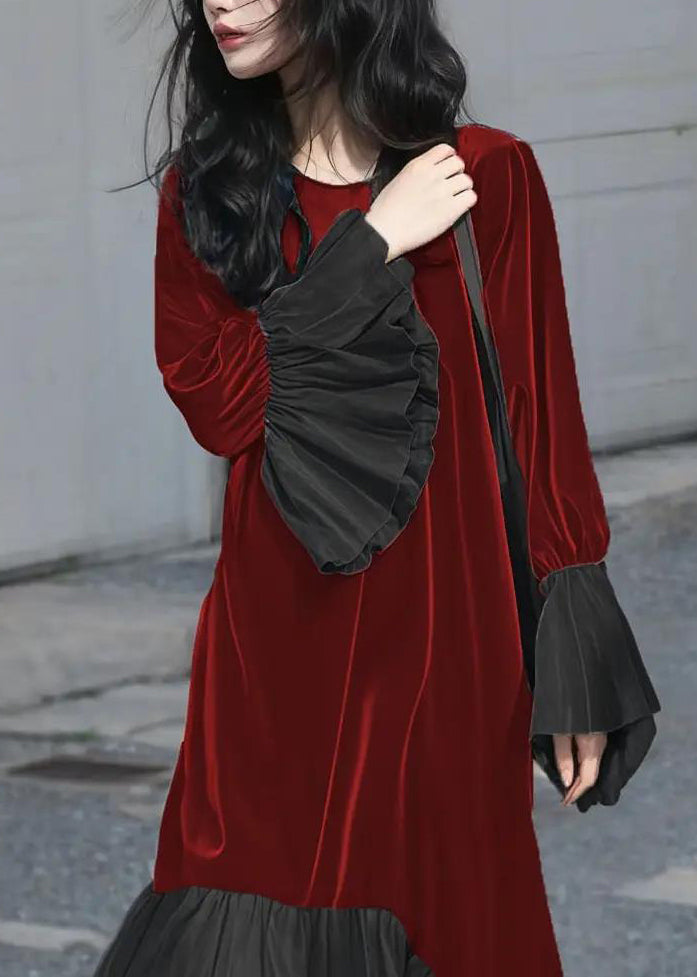 Velvet Crew Neck Balloon Cuff Pleated Hem A-Line Maxi Dress