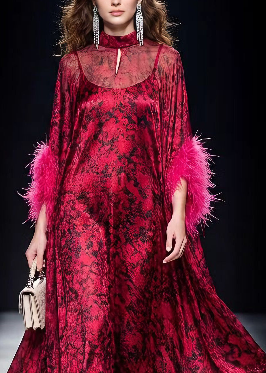 Unique Red Print Ruffled Fur Patchwork Chiffon Maxi Dress Spring 2